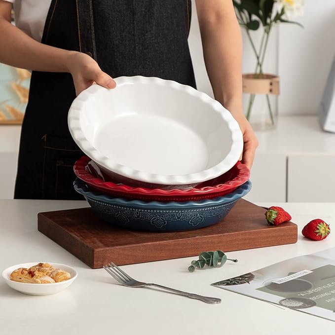 Fun Elements Pie Pan, 9 Inch Ceramic Pie Dish, Deep Dish Pie Pan with Lace Emboss, Ruffled Pie Plate for Baking, Thanksgiving Christmas Gifts, Set of 2, White