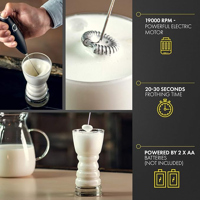 Handheld Milk Frother for Coffee - Stainless Steel Electric Drink Mixer & Matcha Whisk - Ergonomic Hand Frother With Stand & Recipes (Black)