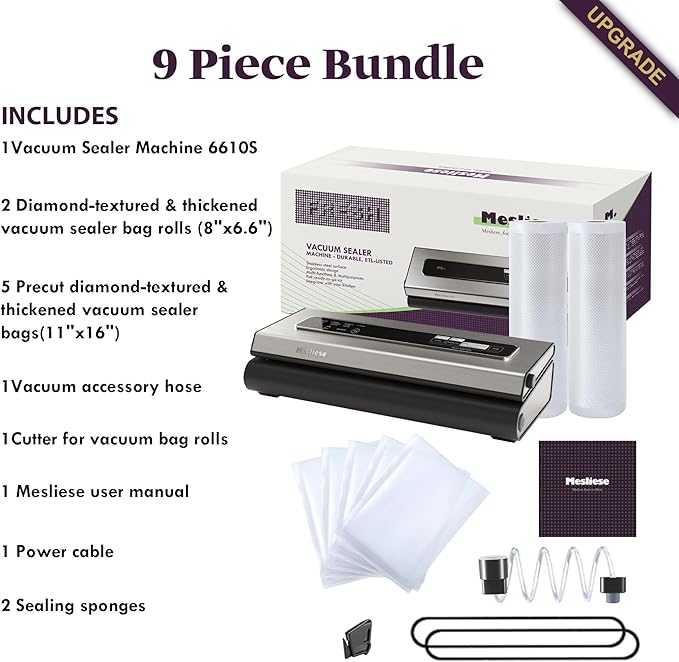 Mesliese Vacuum Sealer Machine Powerful 90Kpa Precision 6-in-1 Compact Food Preservation System with Cutter, 2 Bag Rolls & 5 Pre-cut Bags, Widened 12mm Sealing Strip, Dry&Moist Modes (Silver)