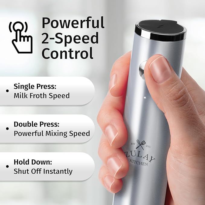 Zulay Kitchen Lux Rechargeable Milk Frother Handheld - Powerful 2-Speed Motor, Fully Waterproof, 2000mAh Battery - Drink Mixer For Latte, Cappuccino, Matcha, Protein Powder - Silver