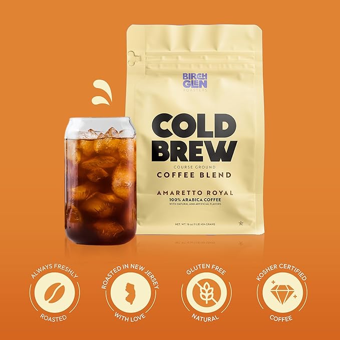 Birch Glen Roasters Cold Brew Coffee | Flavored Coarse Ground Coffee | Medium Roast | Artisanal Roasting | 100% Arabica |1 LB Bag | Amaretto Royale