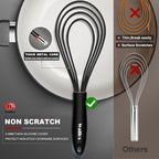 Walfos Silicone Flat Whisk,11inch Flat Whisk Non Scratch Coated Flat Whisks for Cooking.Great for Ceramic Coated pans and Wider shallower pots.Black