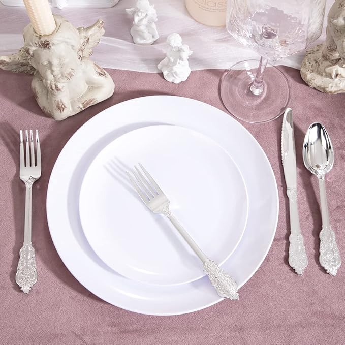 KIRE 60PCS White Disposable Plates - Heavy Duty White Plastic Plates for Party/Wedding - Include 30Pieces 10.25inch Dinner Plates and 30Pieces 7.5inch Dessert/Salad Plates