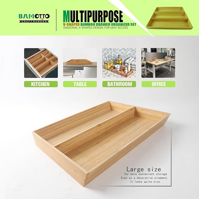 2-Piece V-Shaped Bamboo Drawer Organizer - Ideal for Kitchen's Large Long Tableware, Cooking Utensils, Flatware, Silverware - Wood Storage Box for Home, Bedroom, Bathroom (19.6"x12.4" & 19.6"x7.8")