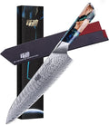 FINDKING Nebula Series Chef Knife with ABS Sheath, Multipurpose Japanese Gyuto Knife, 10Cr15CoMov Damascus Steel Blade, Resin and Figured Sycamore wood Handle, Full Tang, 8 Inch, Blue, for Meat