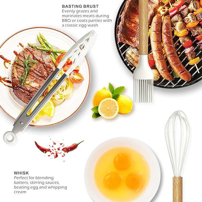 Silicone Cooking Utensils Set - 446°F Heat Resistant Silicone Kitchen Utensils for Cooking,Kitchen Utensil Spatula Set w Wooden Handles and Holder for Non-Stick Cookware, BPA FREE (Cream White)