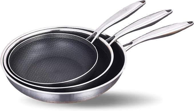 LOLYKITCH 8-10-12 Inch Hybrid Tri-Ply Stainless Steel Non-Stick Frying Pan Set of 3,Skillets,Induction Cooking Pans,Pots and Pans Set,Dishwasher and Oven Safe,Detachable Handle.