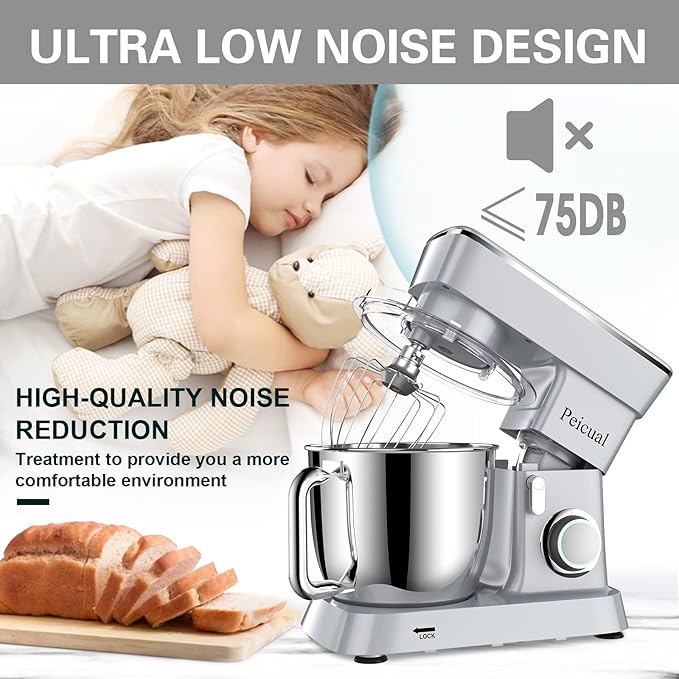 Stand Mixer, 6QT 10+P Speed Tilt-Head Kitchen Electric Mixer, Food Mixer with Stainless Steel Bowl, Dough Hook, Flat Beater, Wire Whisk, Splash Guard for Daily Use - Silver