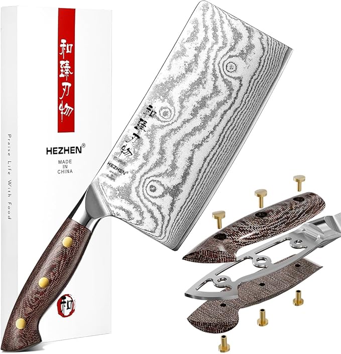 HEZHEN Meat Cleaver Knife,7 Inches, 67 Layers Damascus Steel Kitchen Knife, Professional Cleaver Knife for Meat and Vegetable Cutting, Ultra Sharp, Ergonomic Micarta Handle, Gift Packing