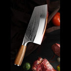 Cleaver Knife, Chinese Chef's slicing Knife, Razor sharp HC German Stainless Steel blade with lasered damascus pattern, pearwood Handle, Kitchen Gift