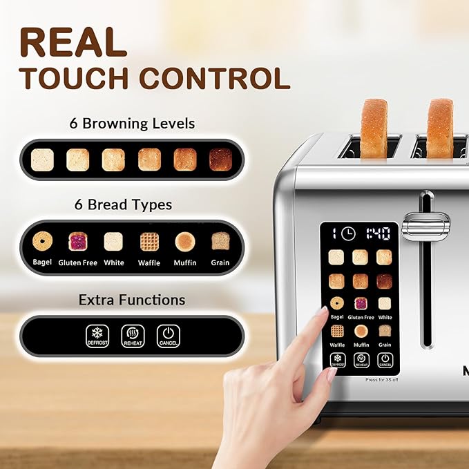 Mecity 4 Slice Toaster with Touch Screen Control, 4 Wide Slots, Stainless Steel Smart Bread Toaster for Bagels, Muffins, Waffles, Dual Control Panel, Timer, Defrost, Reheat, 120V 1650W