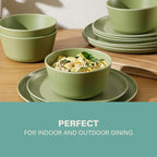 Gibson Home Fairhope 12-Piece Matte Green Melamine Dinnerware Set – Durable Lightweight Plates and Bowls, Kitchen Dining Set