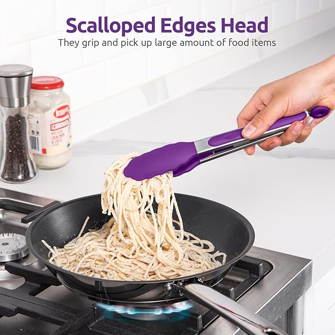 600ºF Heat Resistant Kitchen Tongs: U-Taste 9 inch Silicone Cooking Tong with Firm Sealed Non Stick Rubber Tips & Silicon Coated 18/8 Stainless Steel Handle & Smooth Locking for Serving Grill (Purple)