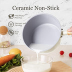 ROCKURWOK Ceramic Nonstick Sauce Pan, 3 QT Pot with Steamer, Non Toxic & PFAS-Free, Wooden Handle for Cool Touch, Universal Base(Gas, Electric & Induction), White