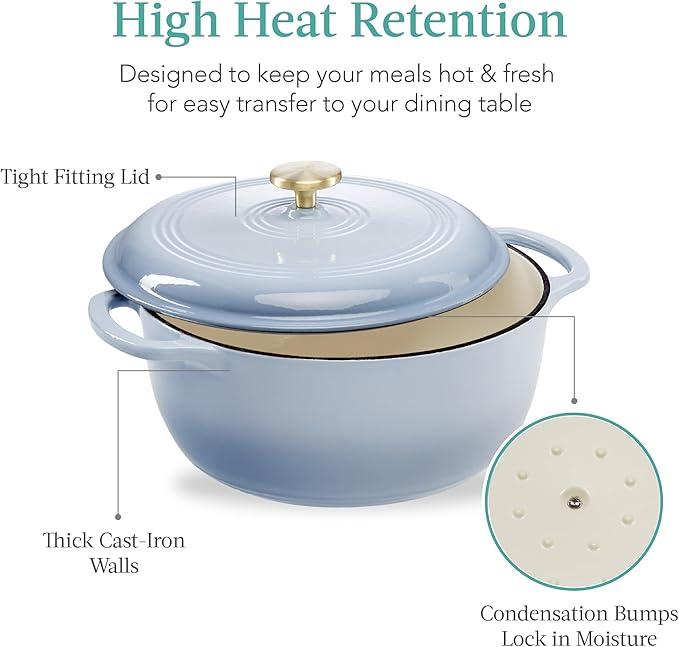 Best Choice Products 6 Quart Enamel Cast-Iron Round Dutch Oven, Family Style Heavy-Duty Pre-Seasoned Cookware for Home, Kitchen, Dining Room, Oven Safe w/Lid, Dual Handles - Cornflower Blue