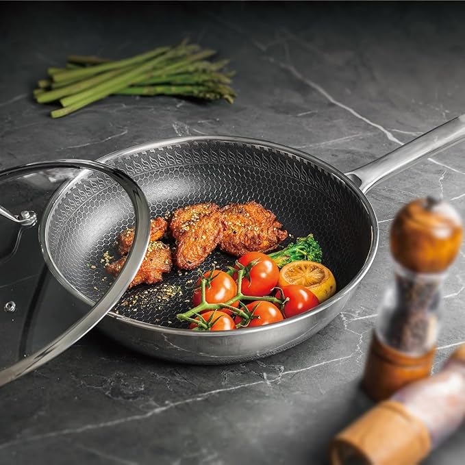 Hybrid Nonstick Cookware Set,Stainless Steel 12 Inch Frying Pan & 2QT Saucepan with Steamer Basket,3 PCS Silicone Kitchen Utensils Set