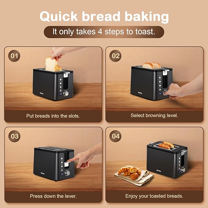 Mecity Toaster 2 Slice Stainless Steel Body, Timer, Bagel, Defrost, Reheat, Cancel Functions, Warming Rack, Removable Tray, 6 Browning Settings, Extra Wide Slots, Bread Toaster, 120V 800W Black