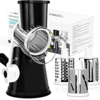 X Home Rotary Cheese Grater for Kitchen, Shredder with 3 Interchangeable Blades, Rotary Grater with Handle and Strong Suction Base, for Vegetables, Fruit, Nuts, Easy to Use and Clean, Black