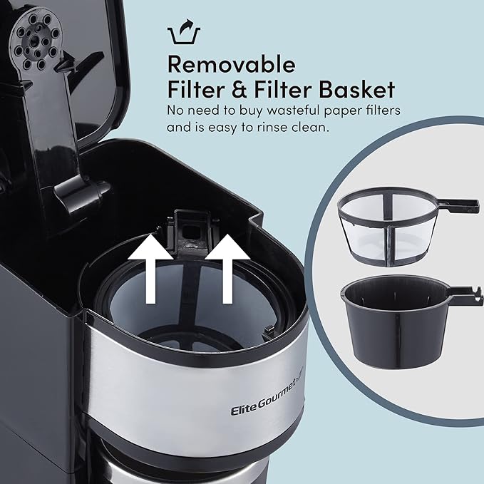 Elite Gourmet EHC112 Personal Single-Serve Compact Coffee Maker Brewer Includes 14Oz. Thermal Travel Mug with Stainless Steel Interior, Compatible with Coffee Grounds, Reusable Filter, Black