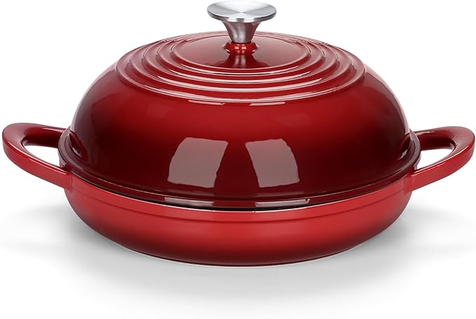 E-far Dutch Oven for Sourdough Bread Baking, 6 Qt Round Enameled Cast Iron Dutch Oven for Homemade Artisan Bread, Dome Lid & Shallow Base, Matte Black Interior & Durable, Oven-Safe to 500℉, Red