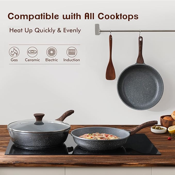 SENSARTE Nonstick Frying Pan Skillets, Swiss Granite Coating Omelette Pans, Healthy Cookware Chef's Pan, Free of Intentionally Added PFOA (8+12.5 Inch)