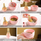 Matcha Tea Set, 5-Piece Ceramic Matcha Bowl & Whisk Kit with Cute Cat Pattern, Traditional Japanese Chawan, Scoop & Sifter, Perfect for Tea Ceremony, Gift for & Tea Lovers (pink)