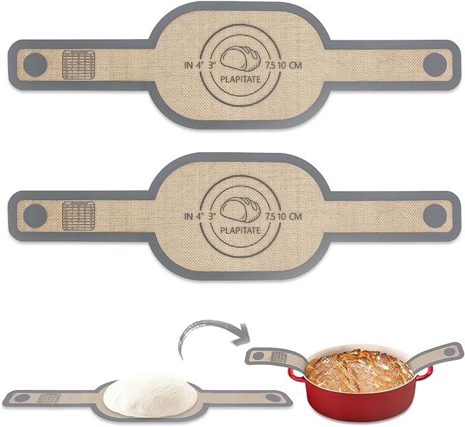 Silicone Bread Sling Dutch Oven Liner, Non-Stick & Easy Clean Reusable Oval Silicone Baking Mat with Long Handles, Easy to Transfer Sourdough - 2 Gray Set