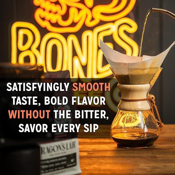 Bones Coffee Company Toffee Almond Crunch, Toffee Almond Flavored Coffee, Medium Roast Low Acid Arabica Beans Compatible with Auto drip and French Press Coffee Maker, 12 Oz Whole Bean
