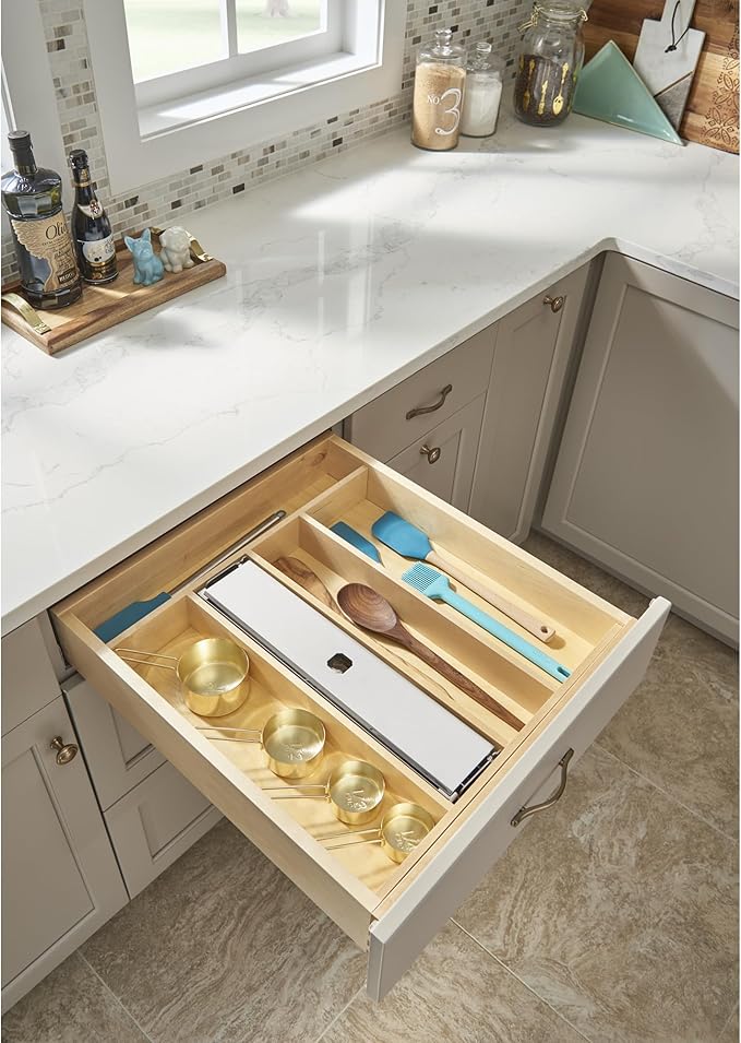 Rev-A-Shelf Trim-to-Fit Silverware Drawer Organizer for Kitchen Utensils, Cutlery Cabinet Storage Divider Insert, 18.5 x 22 in, Maple Wood, 4WUT-1SH