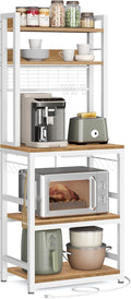 VASAGLE Hutch Bakers Rack with Power Outlet, 14 Hooks Microwave Stand, Adjustable Coffee Bar with Metal Wire Panel, Kitchen Storage Shelf, 15.7 x 23.6 x 66.9 Inches, Rustic Walnut and White UKKS037W41