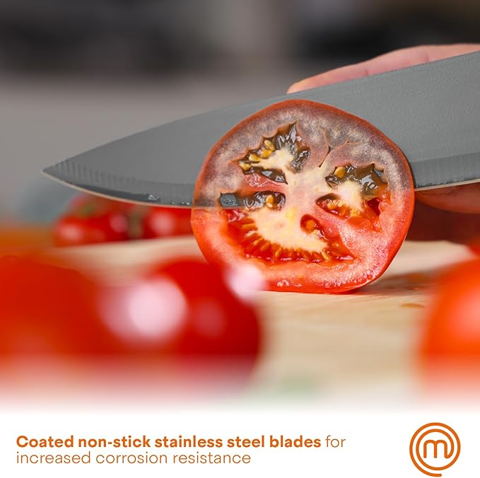 MasterChef Knife Block Set of 6 Kitchen Knives, Extra Sharp Stainless Steel Blades for Professional Cutting with Non Stick Coating & Soft Touch Easy Grip Handles in a Universal Holder, Earth Greys