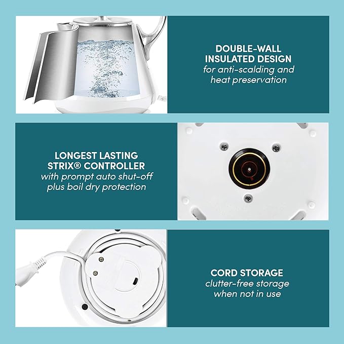 Elite Gourmet EKT-1203W 1350W Double Wall Insulated Cool Touch Electric Water Tea Kettle, BPA Free Stainless Steel Interior and Auto Shut-Off
