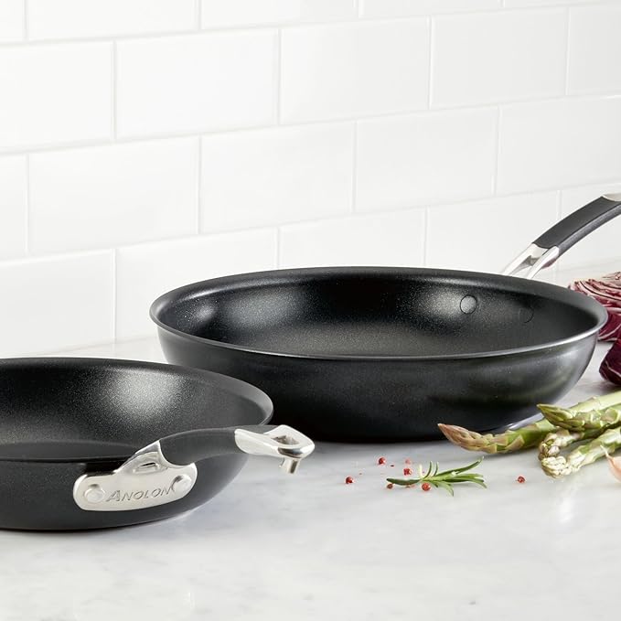 Anolon Smart Stack Hard Anodized Nonstick Frying Pan Set / Skillet Set - 8.5 Inch and 10 Inch, Black