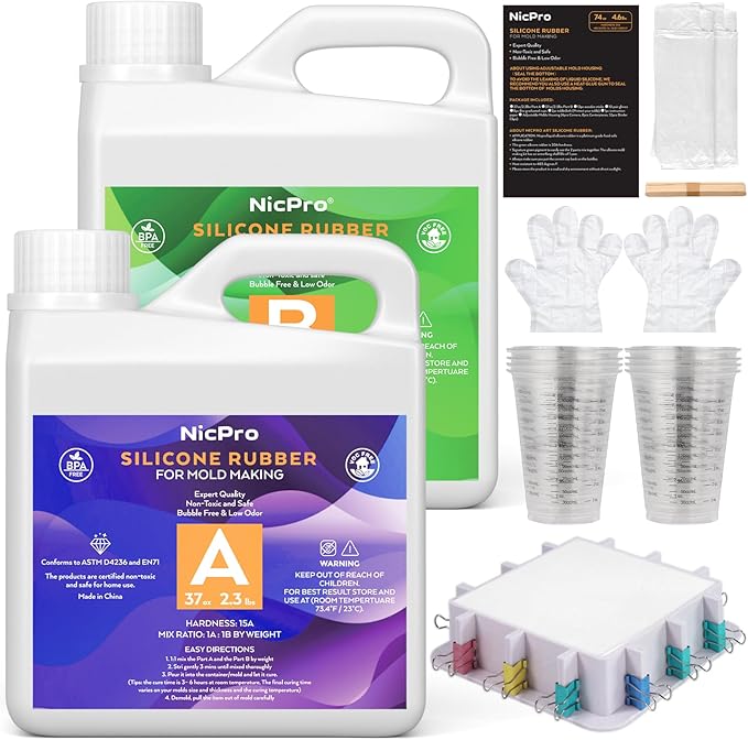 Nicpro 74oz Silicone Mold Making Kit, 15A Platinum Liquid Silicone Rubber, Jade Green Flexible, Silicone Molds Maker Mix Ratio 1:1 for Casting 3D Resins Molds DIY with Molds Housing, Mixing Cups
