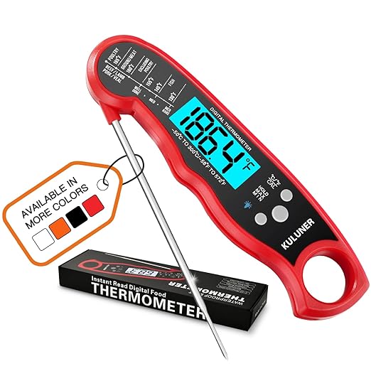 KULUNER TP-01 Waterproof Digital Instant Read Meat Thermometer with 4.6 Folding Probe Backlight Calibration Function for Cooking Food Candy, BBQ Grill, Liquids,Beef（Red）