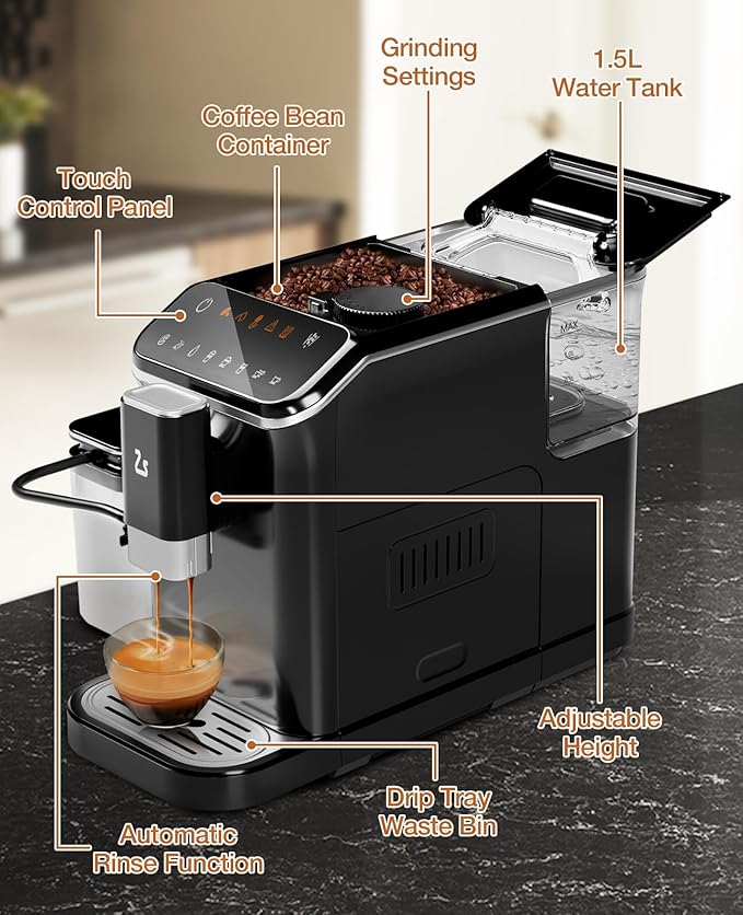 IDEALHOUSE Fully Automatic Espresso Machine with Built-In Grinder and Milk Frother, Touchscreen Control, 20 Bar Pressure, 1.5L Detachable Water Tank, One-Touch Latte & Cappuccino Maker, Black