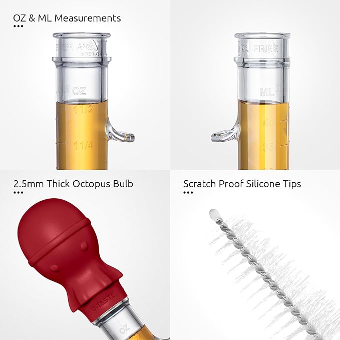 U-Taste 1.5oz Angled Turkey Baster - 228.2ºF Heat Resistant Food Grade Tritan and Silicone Large Octopus Bulb Baster Set with Cleaning Brush for Cooking Basting Meat Poultry Beef Chicken (Red)