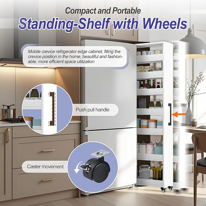 7-Tier Slim Storage Cart, Wooden Rolling Pantry Cabinet with Wheels, Narrow Shelf Organizer for Kitchen, Bakers Rack, Dining Room, Closet, Small Spaces Teak 47.2" H*9.8" W*16.9" D