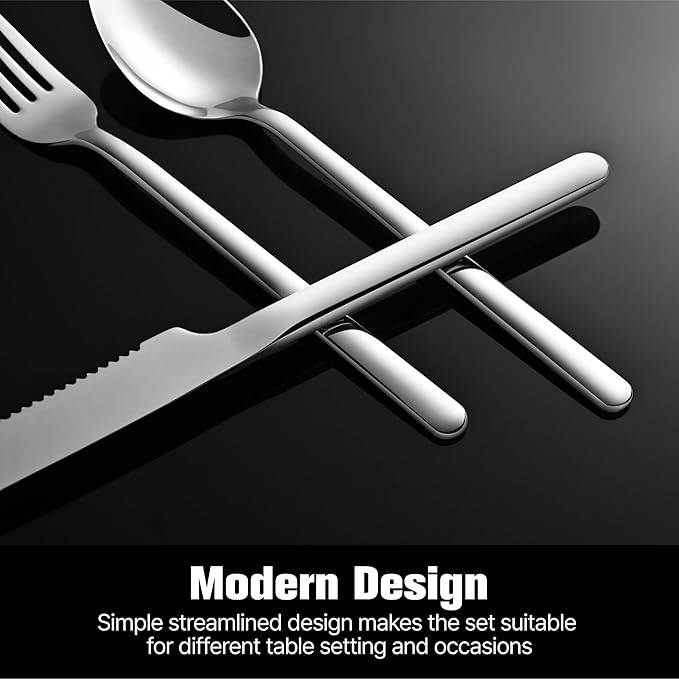 KINGSTONE 36-Piece Silverware Set with Steak Knives, Flatware Set for 6, Stainless Steel Tableware Cutlery Set for Home Restaurant, Mirror Finish,Modern Design