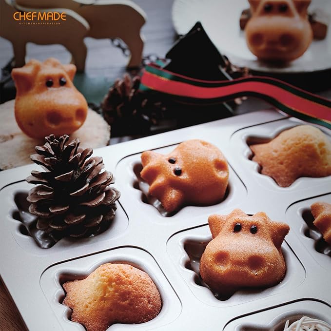 CHEFMADE Cows Cake Pan, 12-Cavity Non-Stick Animal Muffin Bakeware for Oven Baking (Champagne Gold)