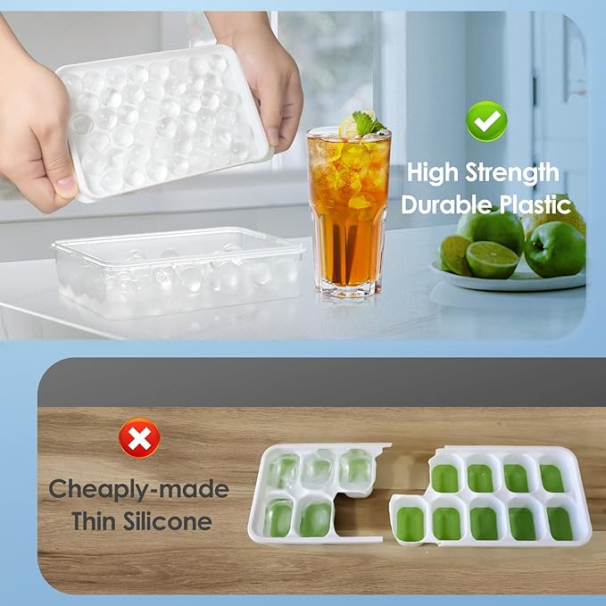 WIBIMEN Ice Cube Tray with Lid and Bin - Round Ice Trays for Freezer with Lid - Ice Cube Trays for Freezer with Ice Container (0.8"-2PACK White)