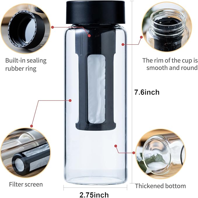 19oz Cold Brew Bottle, Cold Brew Maker with Removable Filter, BPA - Free Portable Cold Brew Tea Bottle for Iced Tea, Cold Brew & Fruit Infusion (Black)
