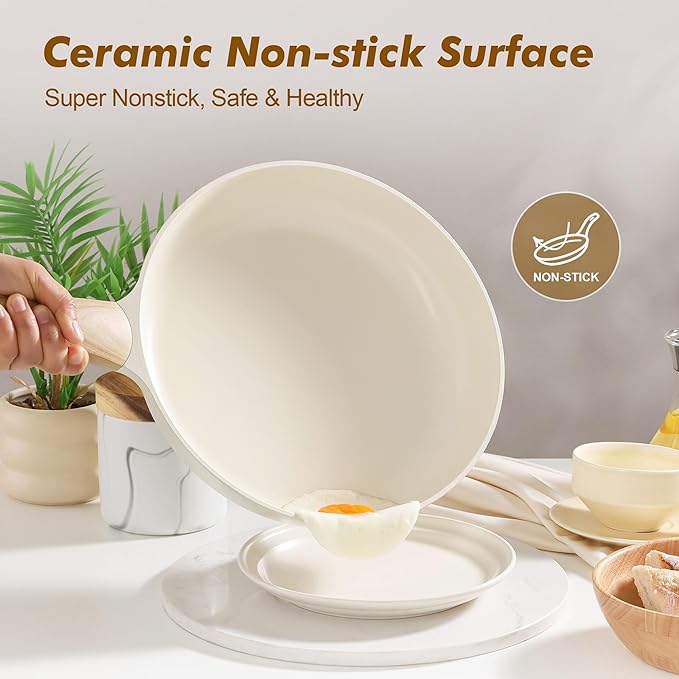SENSARTE Ceramic Nonstick Frying Pan Skillet with Lid 8inch Non Stick Omelet Pans, Non-toxic Healthy Kitchen Cooking Chefs Pan, Free of Intentionally Added PFOA/PFAS/PTFE, Induction Compatible, White