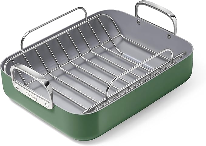 Caraway Roasting Pan - 16x13” Roasting Pan with Rack - Non-Stick Ceramic Coated - Non Toxic, PTFE & PFOA Free - Oven Safe & Compatible with All Stovetops - Sage