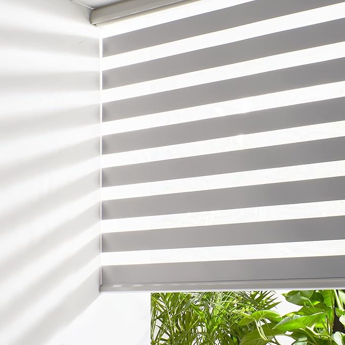 Persilux Cordless Zebra Blinds for Windows Free-Stop Window Blinds (35" W X 47" H, Grey) Dual Layer Light Control for Day and Night, Light Filtering Sheer Shades for Home, Easy to Install