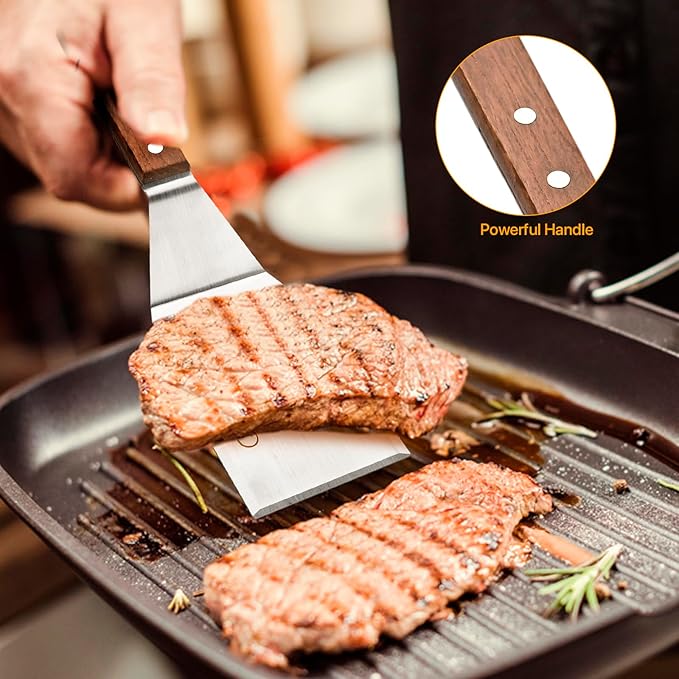 2 Pcs Stainless Steel Spatula Turner for Cast Iron Skillet, Grill Spatula with Wooden Handle, Heavy Duty Pancake Turner Metal