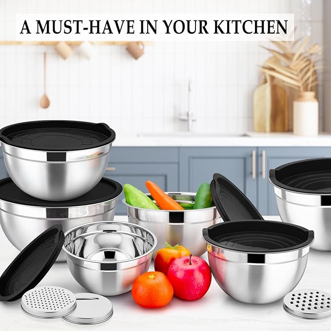 TeamFar Mixing Bowls Set of 6, Stainless Steel Nesting Mixing Salad Bowl with 3 Grater Attachments, for Food Cooking Prepping Storing, Black - Size 4.6/2.6/2 / 1.5/1 / 0.7 QT