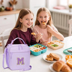 Initial Insulated Lunch Bag for Girls Kids, Back to School Gift, Reusable Leak-proof Lunch Box with Adjustable Strap for School Daycare Travel Picnic (Purple,M)