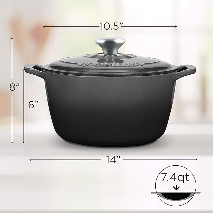 Signature Enameled Cast Iron Dutch Oven, Non-Stick Serving Pot with Tight Fitting Lid for Perfect Roasting, Baking, Sauteing, and Bread Making | 7.4Q (7L) - Oyster Grey