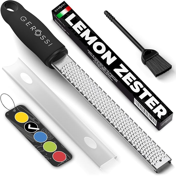 Stainless Steel Cheese Grater & Lemon Zester w/Extra Sharp Blade - Perfect for Lemon, Parmesan, Garlic, Chocolate - Spice Up any Dish in Seconds w/Your Premium Citrus Hand Grater with Handle - Black
